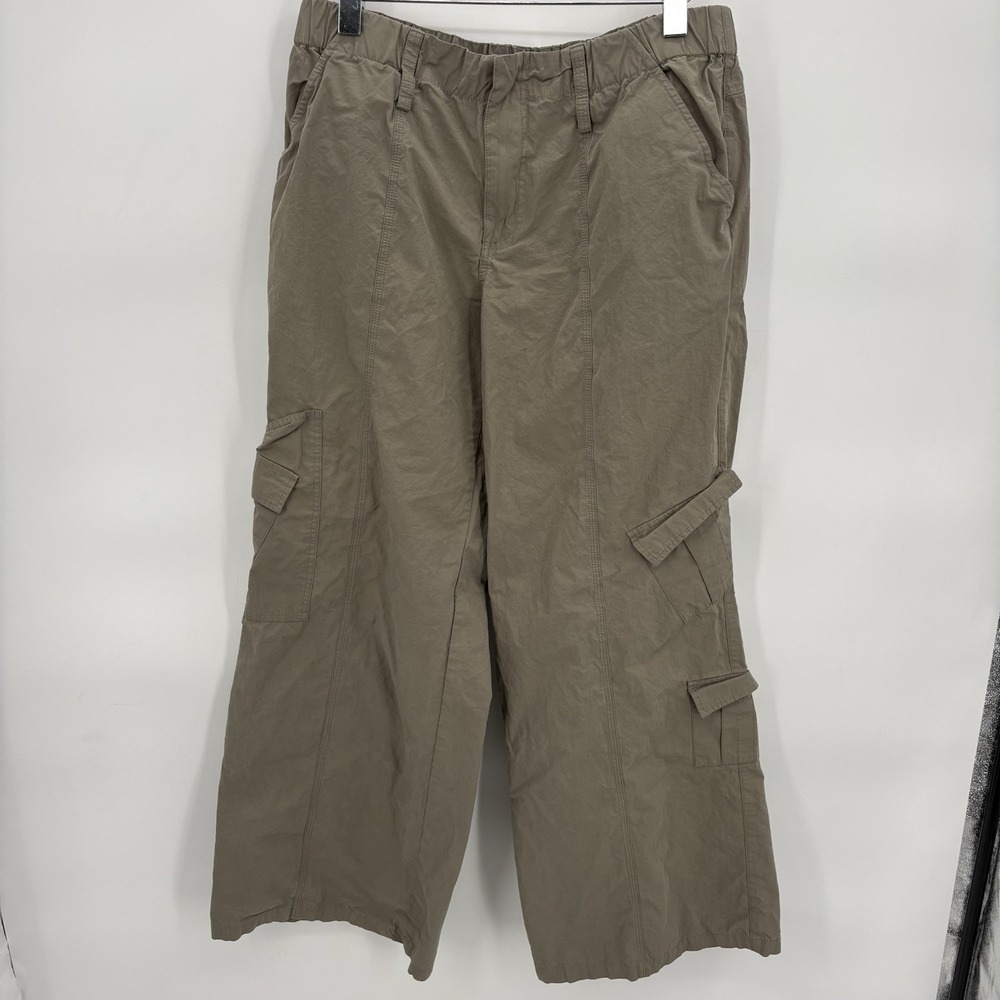 ELODIE‎ Womens Pants Natural Olive Grn Wide Leg Cargo Trousers SIZE Large 33-36"